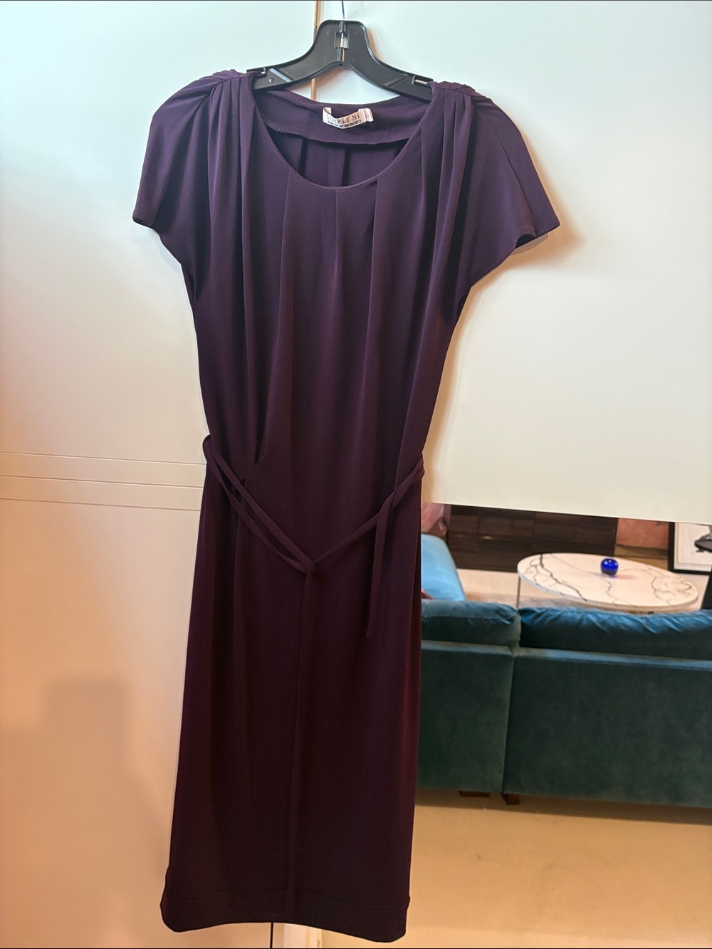 Plum Short-Sleeve Midi Dress with Tie Waist